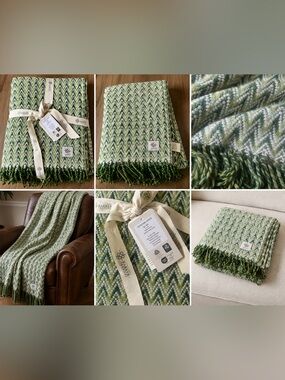 Barker Textiles Shady Wave Green 100% Wool Throw Blanket  NWT